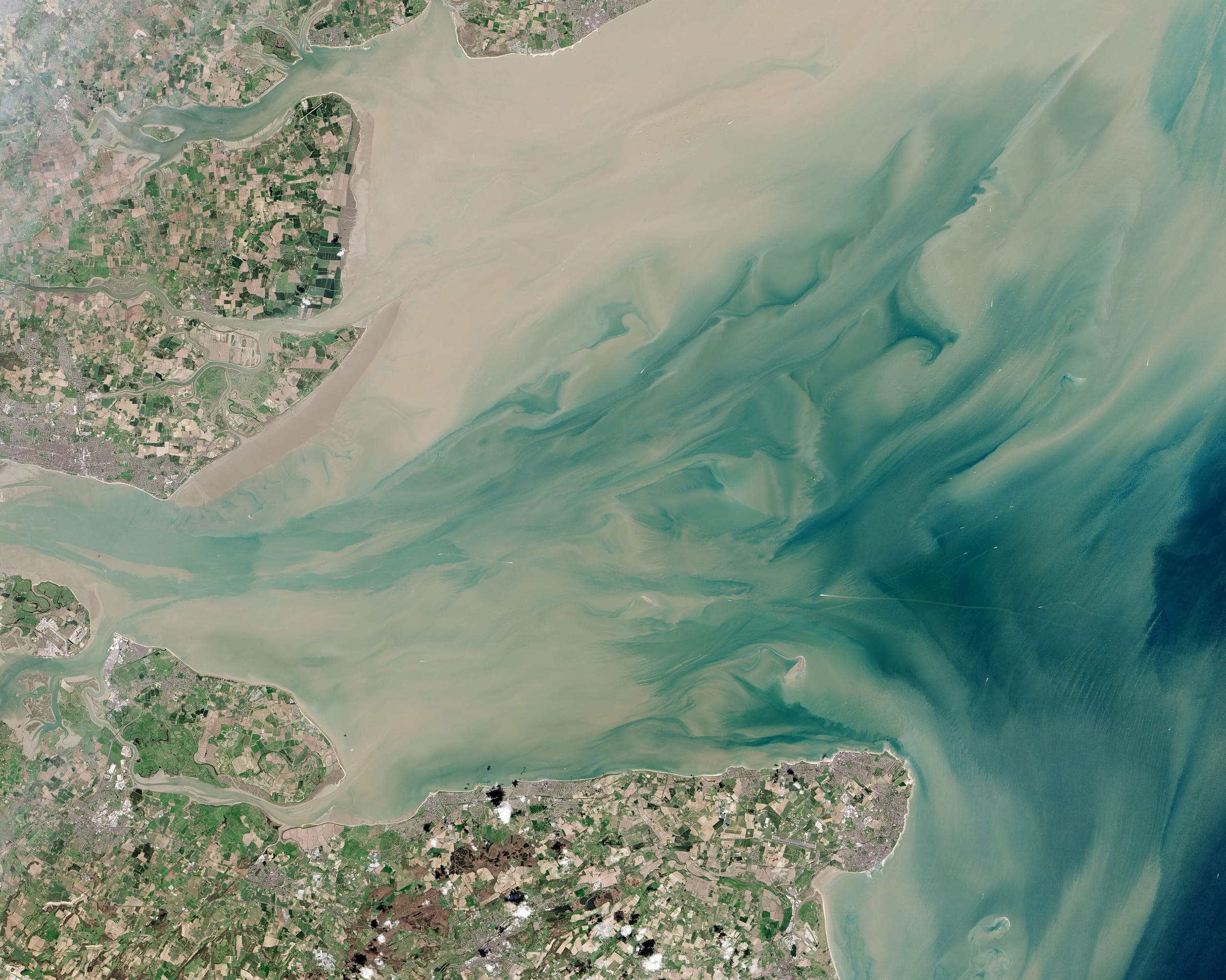 Satellite capture of Thames Estuary, United Kingdom, recorded from orbit